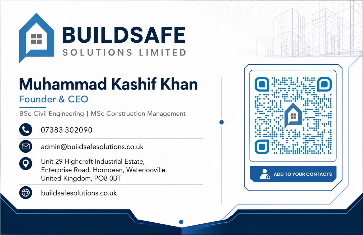 Buildsafe Solutions Limited business card for Muhammad Kashif Khan, Founder and CEO
